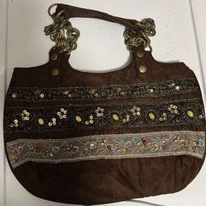Marlo Brown Faux Suede & Chain Strap Hobo Shoulder Purse